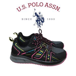 🇺🇸 US POLO ASSN Women’s Black Mesh Neon Pink Accent Athletic Sneakers SIZE 6.5